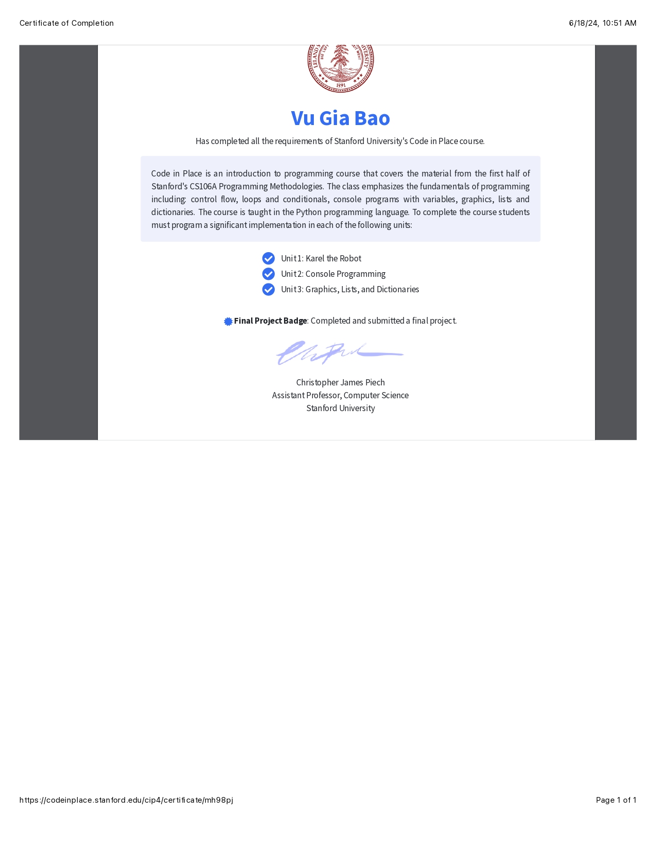 Code in Place Completion